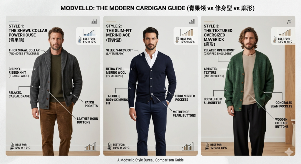A side-by-side comparison of three men's clothing cardigan styles for different body types.