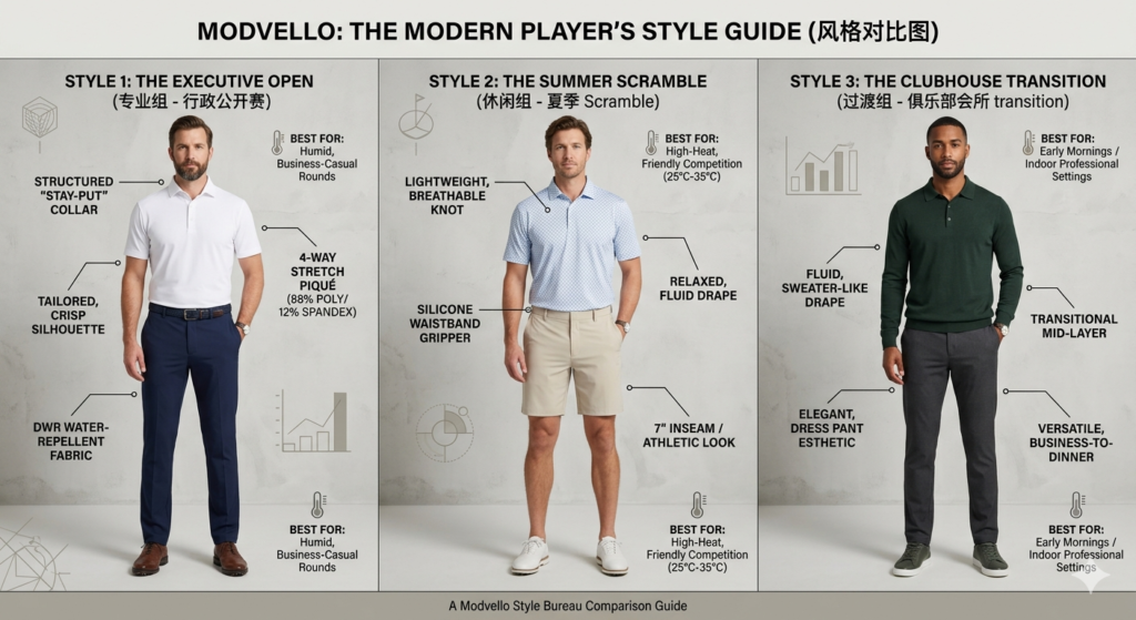 3 modern style profiles for men's clothing golf: Professional, Casual, and Transitional Clubhouse looks.