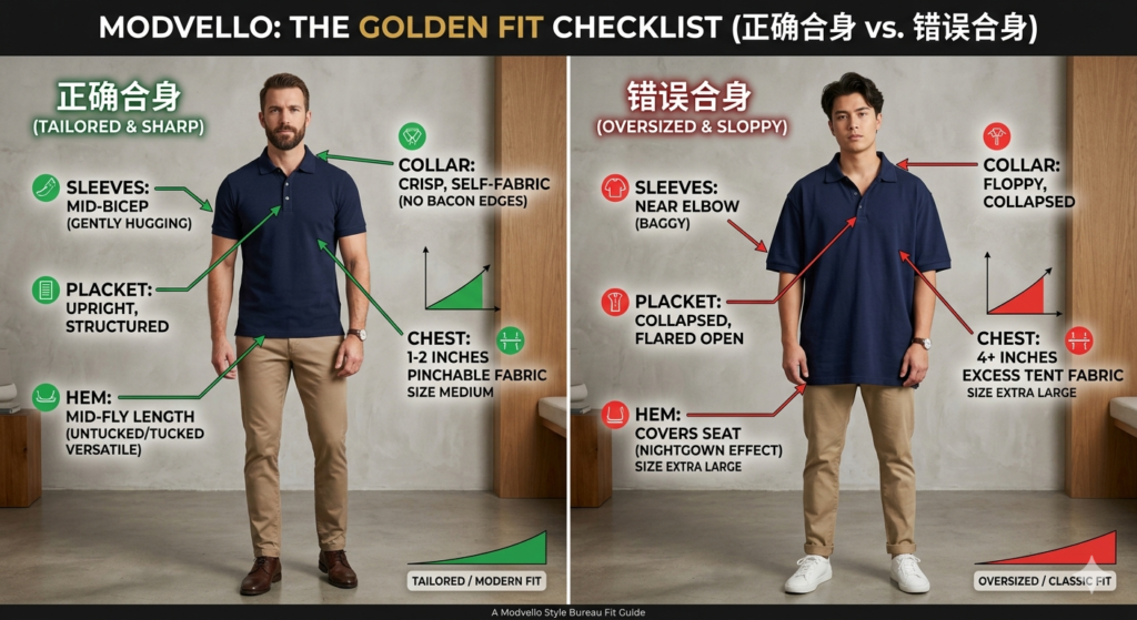 Sizing guide for mens polo shirts showing the difference between a tailored fit and an oversized fit.