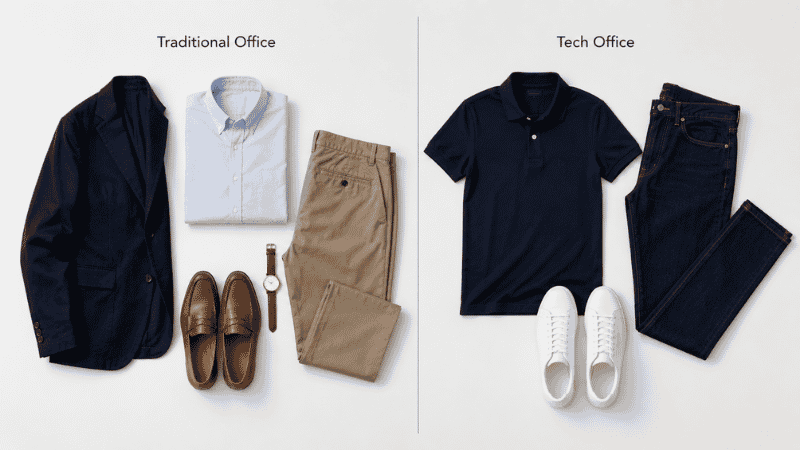 business casual outfit comparison for men showing traditional office look versus relaxed tech office style