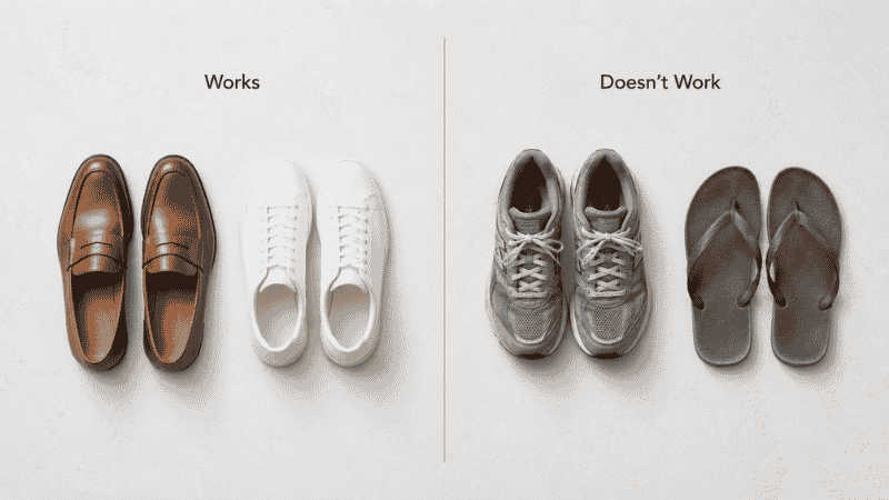 men's business casual approved shoes including leather loafers and clean white sneakers versus inappropriate athletic trainers