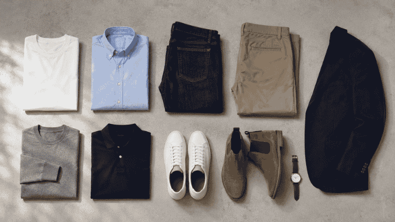men's capsule wardrobe flat lay showing 10 essential basics including white t-shirt dark jeans navy blazer chinos and white sneakers