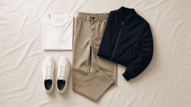 men's casual khaki pants outfit with white t-shirt navy bomber jacket and white leather sneakers flat lay