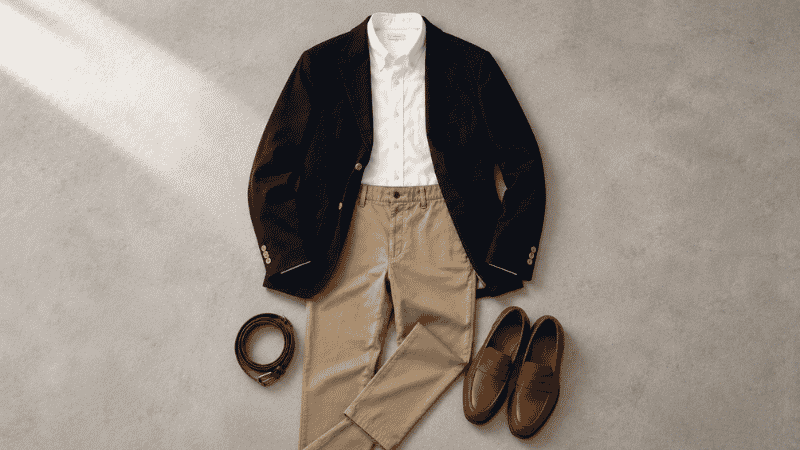 men's office khaki pants outfit with navy blazer white oxford shirt and tan leather loafers flat lay