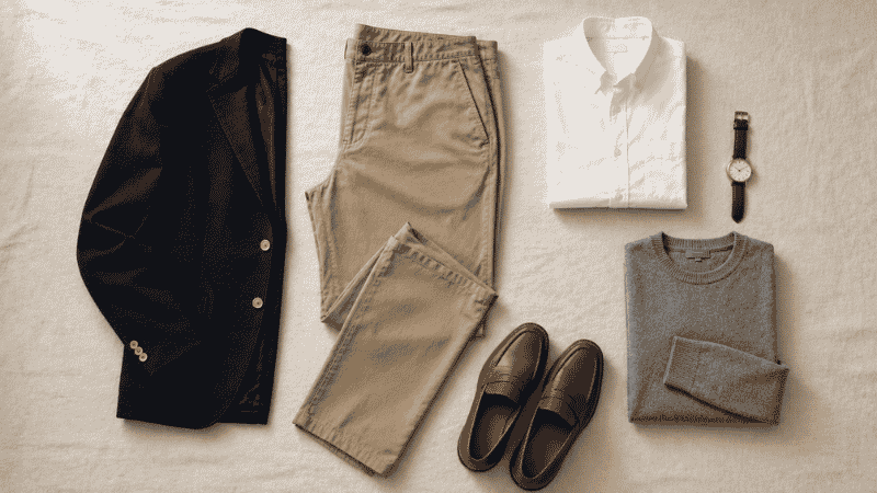 men's khaki pants outfit ideas flat lay showing navy blazer white oxford shirt grey sweater and brown leather shoes