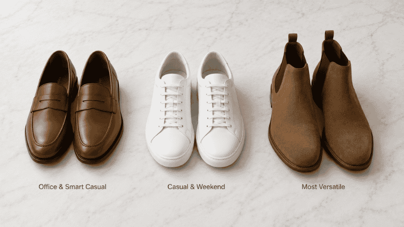 three shoe options for khaki pants men showing tan leather loafers white leather sneakers and brown suede chelsea boots