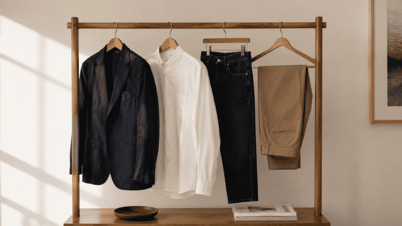 men's wardrobe essentials displayed neatly including navy blazer white oxford shirt dark jeans and chinos