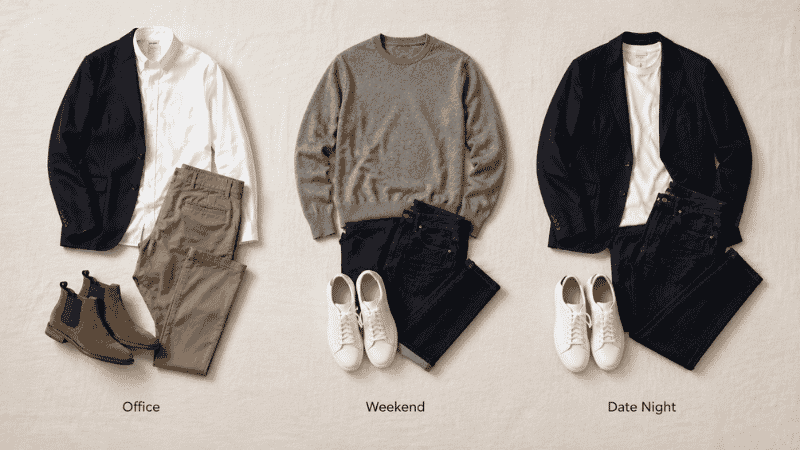 men's capsule wardrobe outfit combinations showing smart casual and business casual looks with navy blazer chinos jeans and sneakers