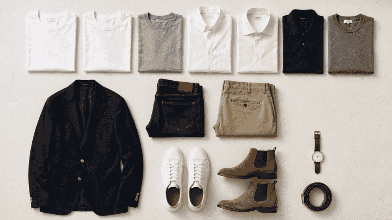 complete men's wardrobe essentials checklist flat lay with 14 pieces including shirts pants blazer boots sneakers and watch