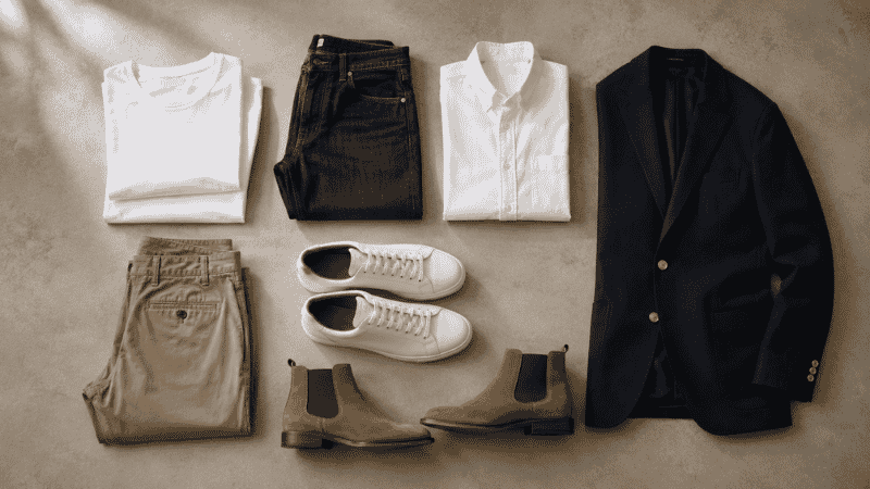 men's wardrobe essentials flat lay showing dark jeans white t-shirt oxford shirt chinos navy blazer and leather shoes
