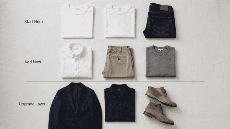 men's wardrobe building priority layers showing foundation pieces versus upgrade pieces in organized flat lay