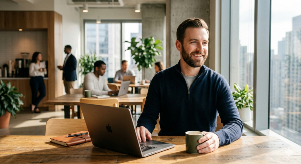 A modern professional man wearing a Modvello navy blue merino wool quarter-zip in a sunlit co-working office space.