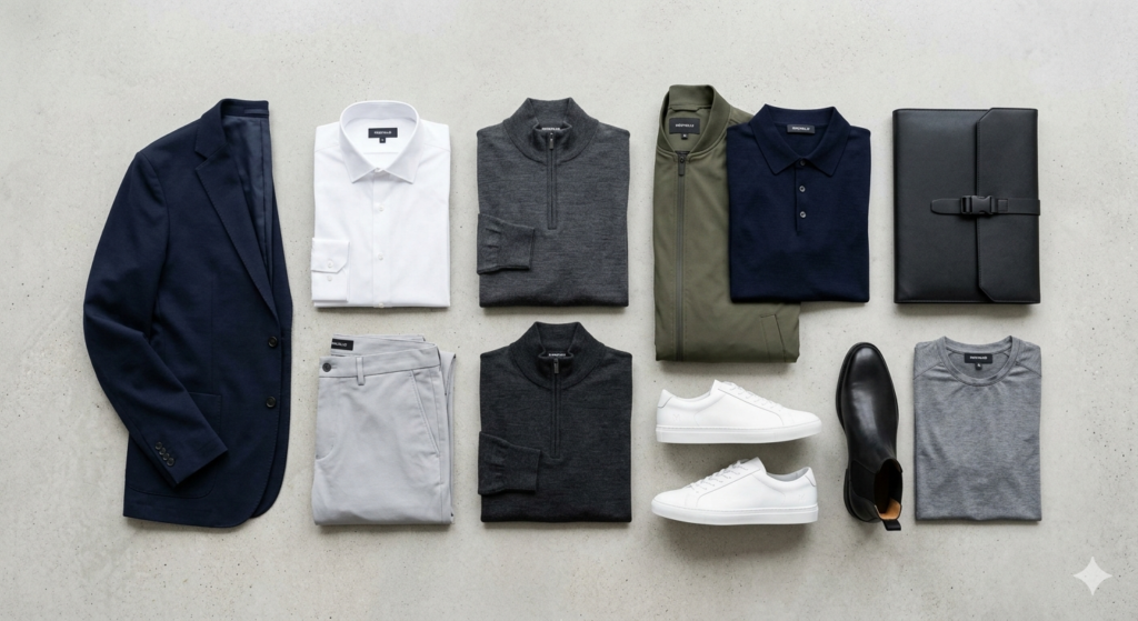 A minimalist flatlay showing 10 business casual essentials for men, including an unstructured blazer, tech-shirts, and leather sneakers by Modvello.