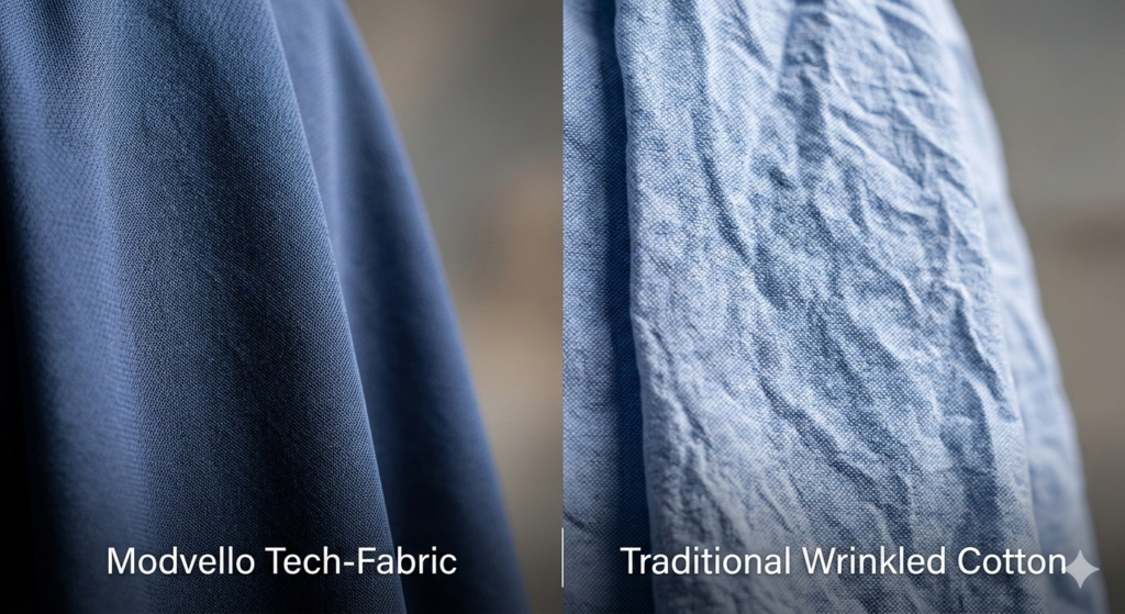 Close-up comparison of Modvello wrinkle-resistant tech-fabric vs. a traditional wrinkled cotton dress shirt for men's business casual wear.