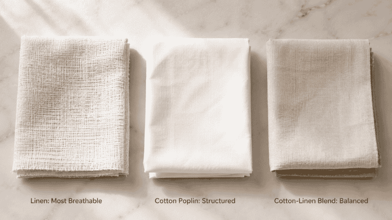 men's summer fabric comparison showing linen versus cotton texture breathability guide for hot weather dressing