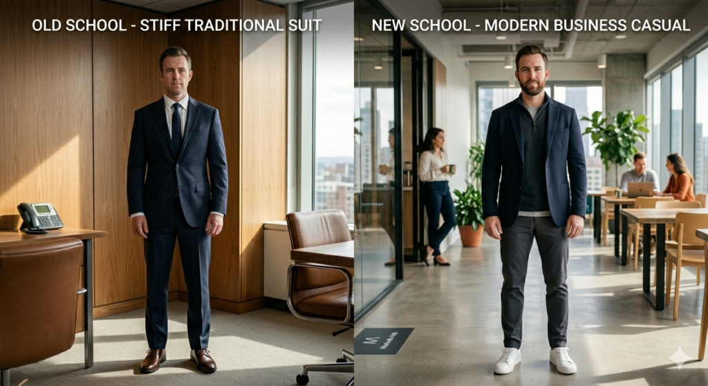 Side-by-side comparison of a stiff traditional office suit versus a modern Modvello business casual look with tech-fabrics and unstructured tailoring.