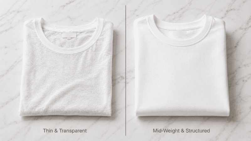 white t-shirt fabric quality comparison showing thin low GSM versus mid-weight 180-200gsm cotton texture close up
