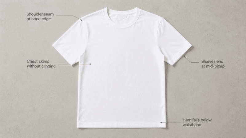 men's white t-shirt fit guide showing correct shoulder seam position sleeve length and hem placement on a flat lay