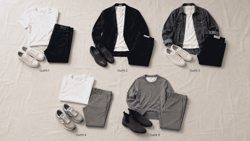 five white t-shirt outfit combinations for men showing casual jeans blazer layer knit sweater and monochrome looks