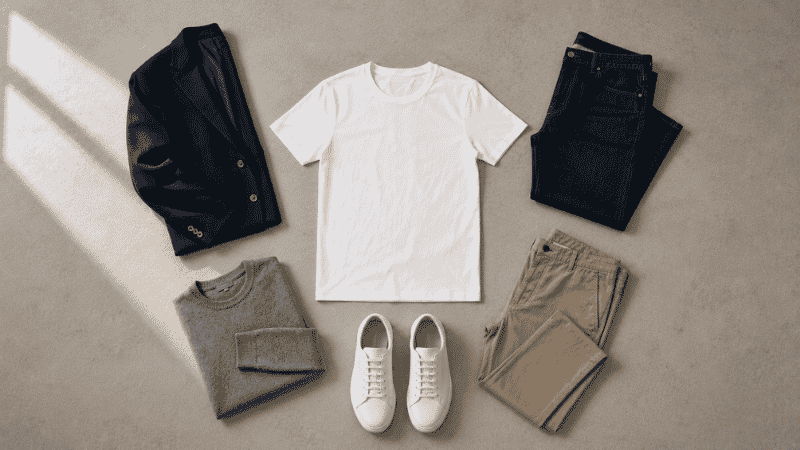 men's white t-shirt outfit ideas flat lay showing navy blazer dark jeans chinos grey sweater and white leather sneakers
