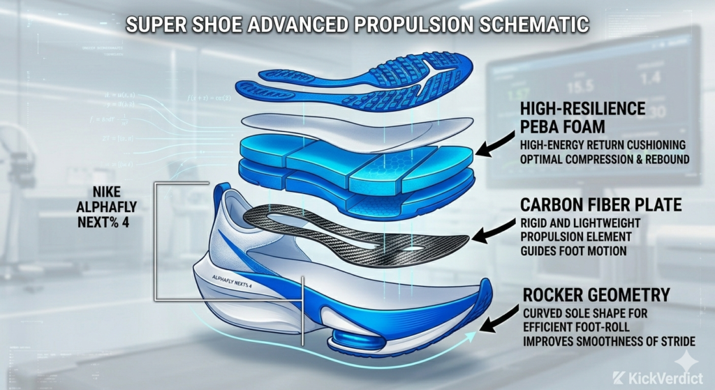 n exploded view diagram of a high-performance running shoe showing the high-resilience PEBA foam, rigid carbon fiber plate, and rocker geometry.