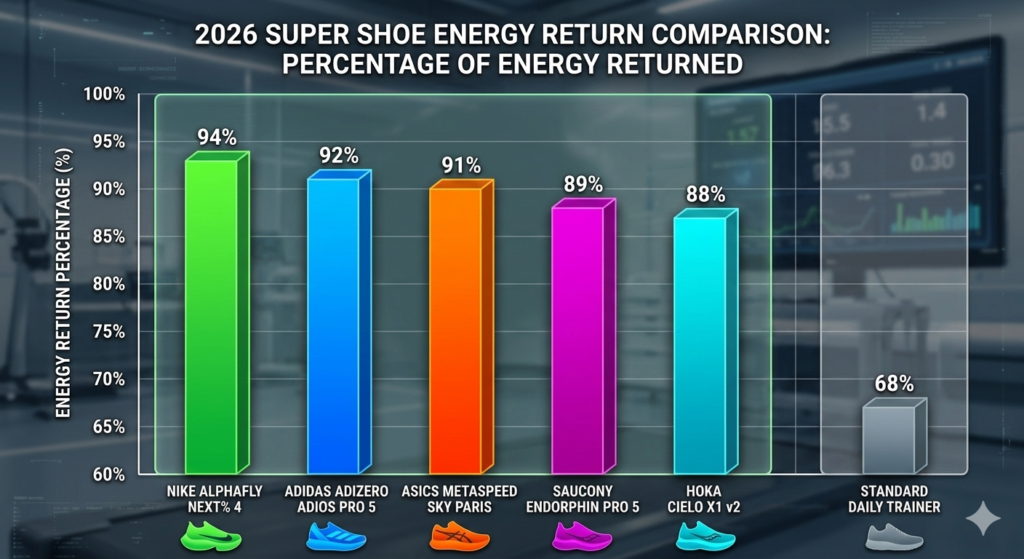 A bar chart comparing the energy return percentages of Nike Alphafly, Adidas Adizero, ASICS Metaspeed, and Saucony Endorphin vs a standard daily trainer.