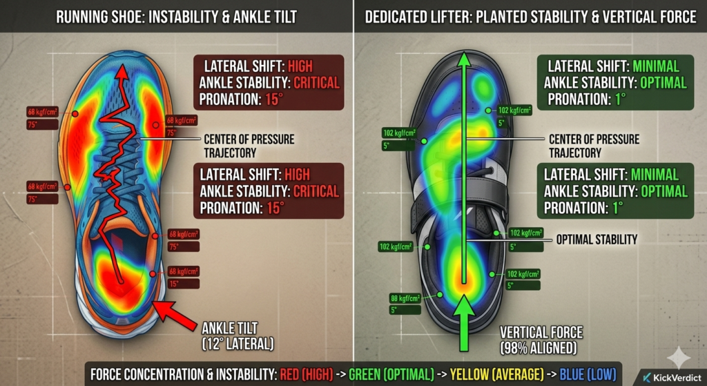 A side-by-side biomechanical heat map showing unstable red zones in a running shoe versus a vertical green force line in a dedicated lifting shoe during a squat.