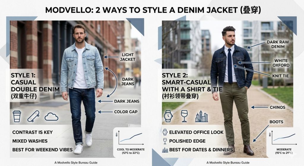 Two ways on how to style denim jacket men: casual double denim and smart-casual with a shirt and tie.
