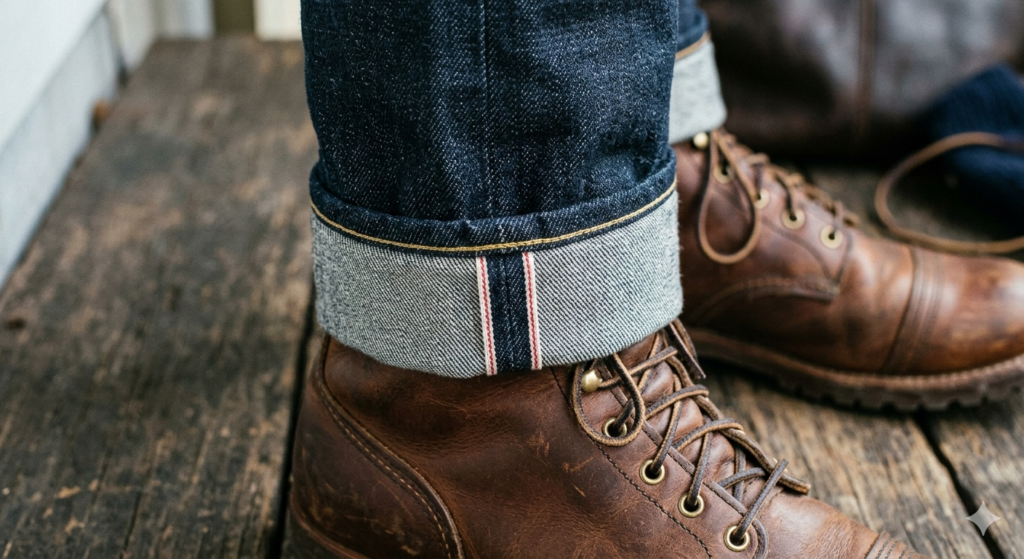 Detail shot of selvedge mens jeans with a cuffed hem showing the red line.