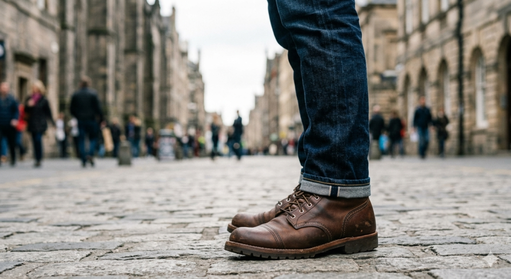 Guide on how should jeans fit men focusing on the break at the ankle.