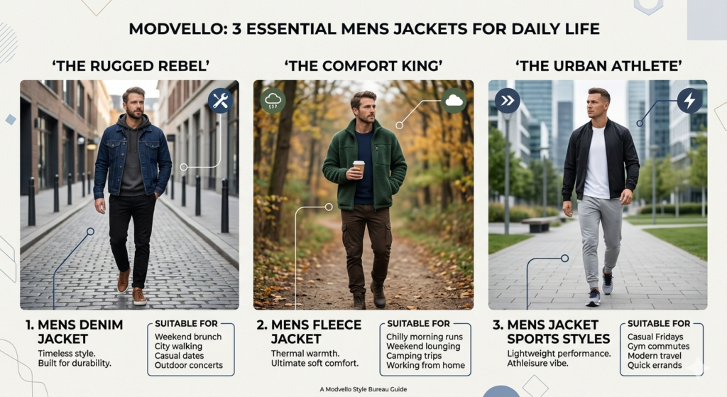 A visual guide of essential mens jackets including denim, fleece, and sports styles for daily wear.