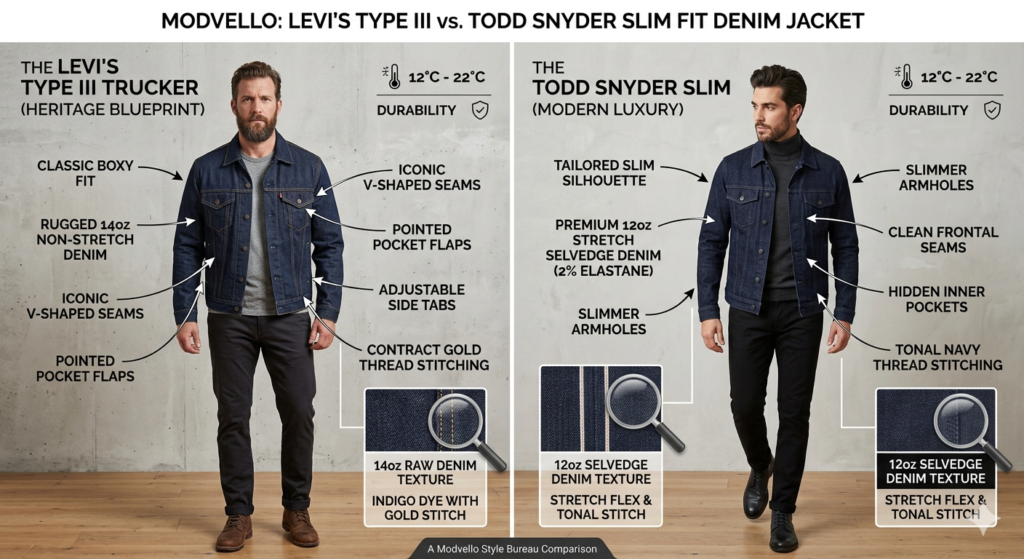 Side-by-side comparison of a heritage denim levis jacket mens and a tailored todd snyder mens jackets denim.