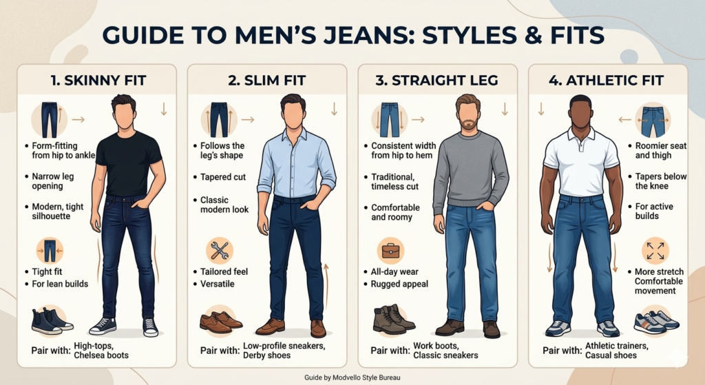 Infographic showing slim, straight, and athletic styles of jeans for men.