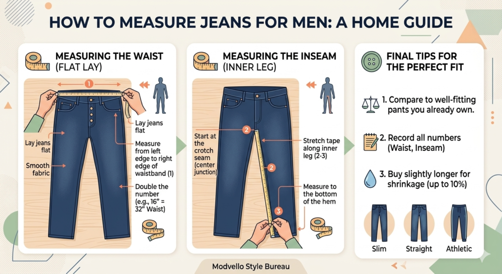 At-home measurement guide for men jeans showing how to measure waist and inseam.