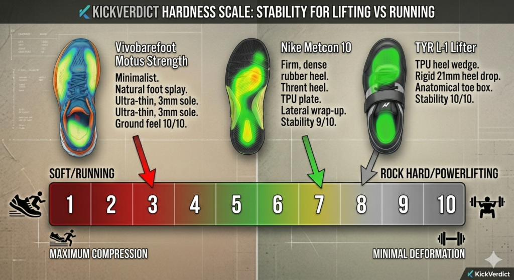 An infographic ranking the Nike Metcon, TYR L-1, and Vivobarefoot on a stability scale from 1 (Soft/Running) to 10 (Rock Hard/Powerlifting).