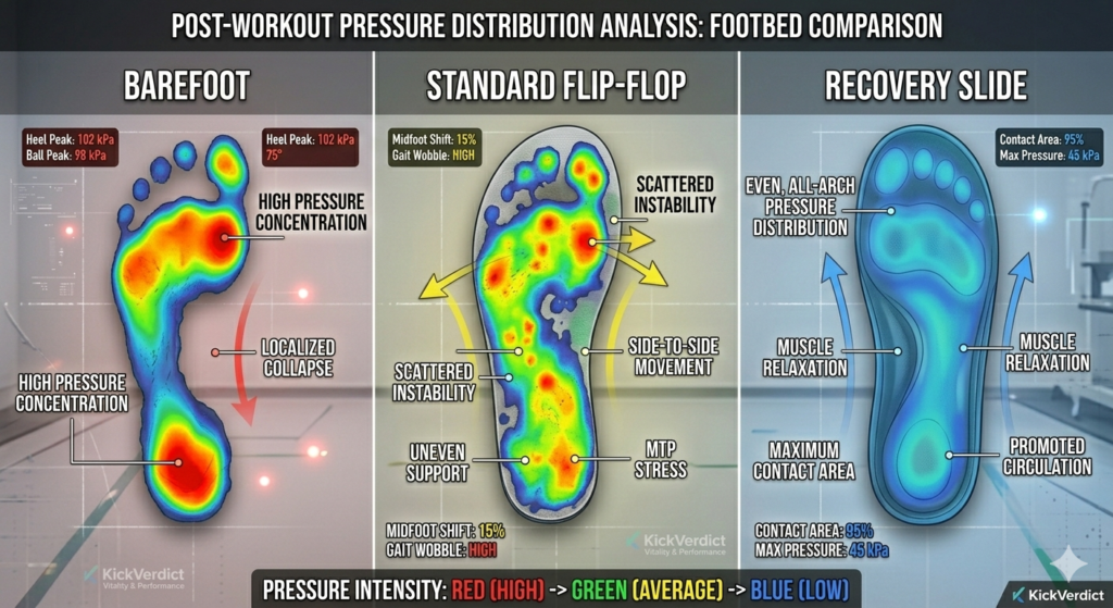 A pressure mapping infographic comparing barefoot, standard flip-flop, and recovery slide footprints, showing even blue-toned pressure on the recovery slide.