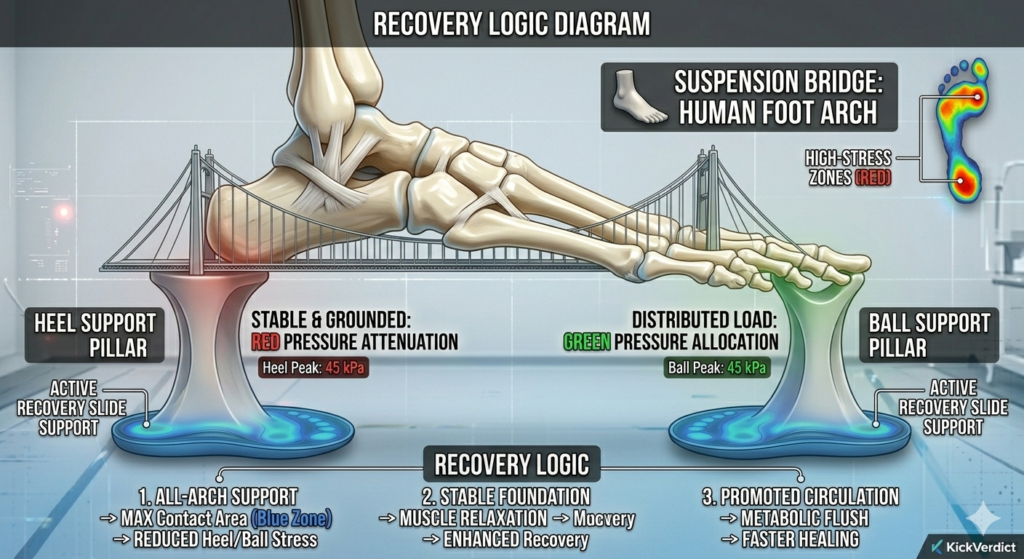 A 3D anatomical diagram of the human foot arch modeled as a suspension bridge with recovery slide pillars providing structural support.