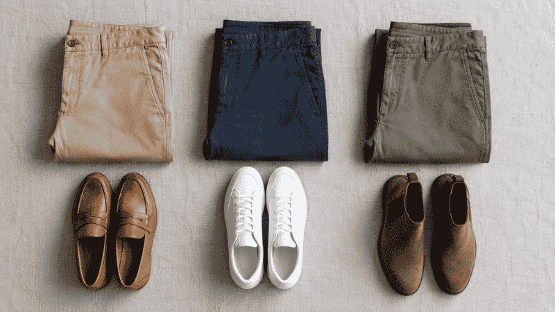 best chinos for men flat lay showing khaki navy and olive chino pants with leather loafers and white sneakers