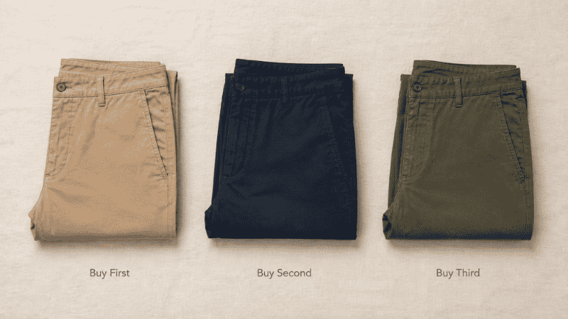 men's chino color guide showing khaki navy and olive pants with priority order for building a versatile wardrobe