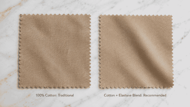 men's chino fabric close up showing cotton twill weave texture and elastane blend for best chinos buying guide