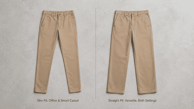 men's chino fit comparison flat lay showing slim fit versus straight fit chino pants side by side