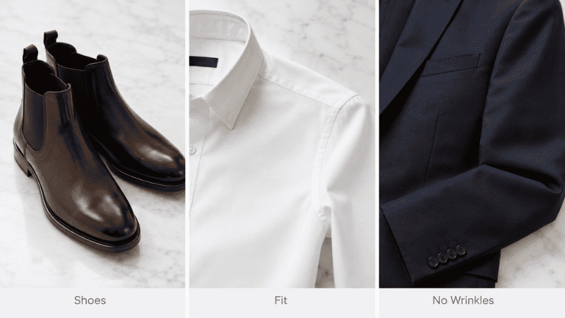 men's first date outfit key details showing clean leather shoes polished oxford shoes and well-fitted shirt close up
