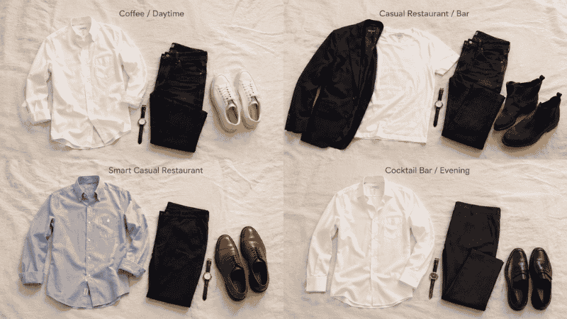 men's first date outfit comparison for four venues showing casual coffee smart casual restaurant bar and cocktail looks