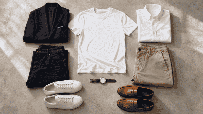 men's style guide flat lay showing navy blazer white oxford shirt dark jeans chinos white sneakers and leather loafers as wardrobe essentials