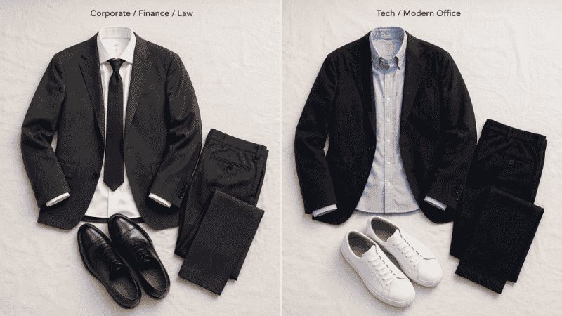 men's interview outfit comparison showing traditional corporate suit versus tech startup business casual with blazer chinos and clean sneakers