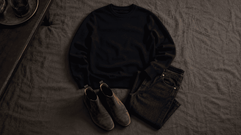 men's casual night out outfit flat lay with navy crewneck sweater dark slim jeans and brown suede chelsea boots for evening