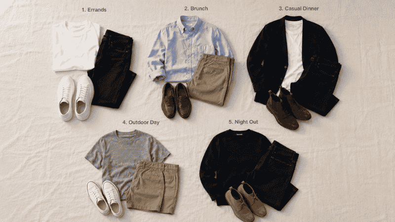 five men's casual outfit combinations flat lay grid showing errands brunch dinner outdoor and evening looks with neutrals