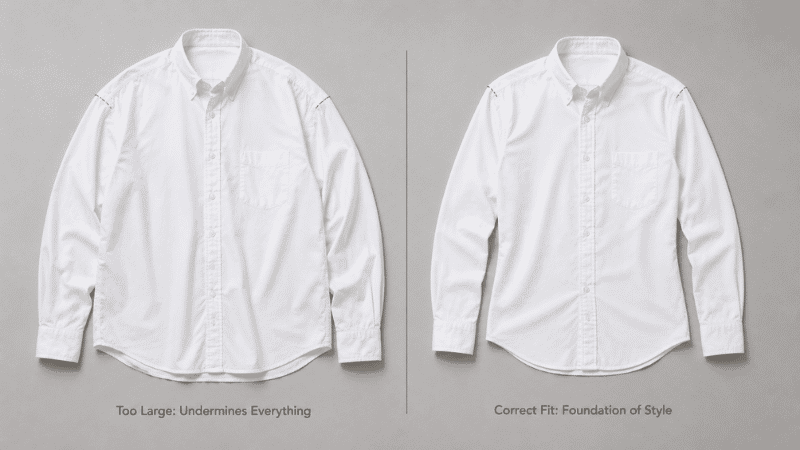 men's clothing fit comparison showing correct shoulder seam position versus too large shirt side by side flat lay