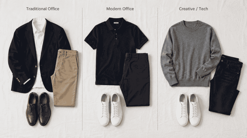 men's office outfit comparison showing traditional corporate versus modern tech versus creative workplace business casual dress codes