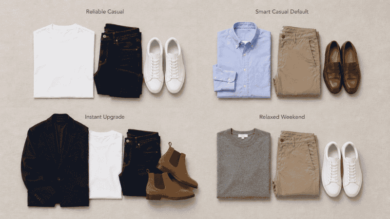 four men's outfit formulas flat lay showing casual smart casual instant upgrade and weekend combinations with neutrals